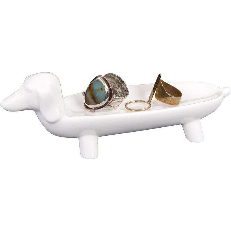 Dachshund Elongated White Ceramic Dog Dish Jewelry Organizers Display