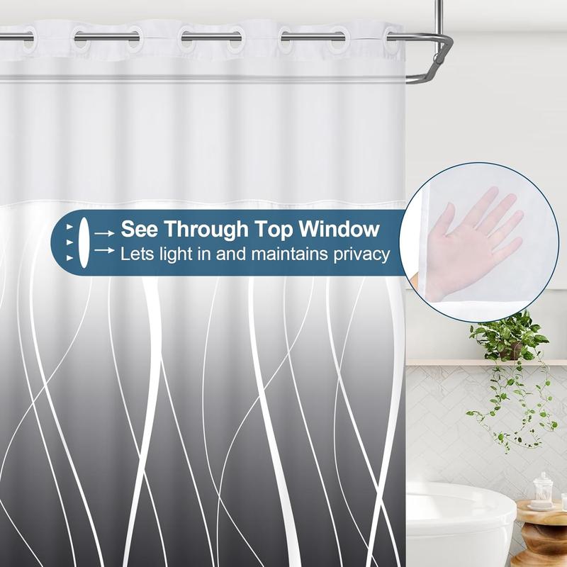 No Hook Shower Curtain with Snap in Liner, Modern Striped Hotel Shower Curtain and Liner Set, Ombre See Through Shower Curtain with Window, Double Layer, Washable