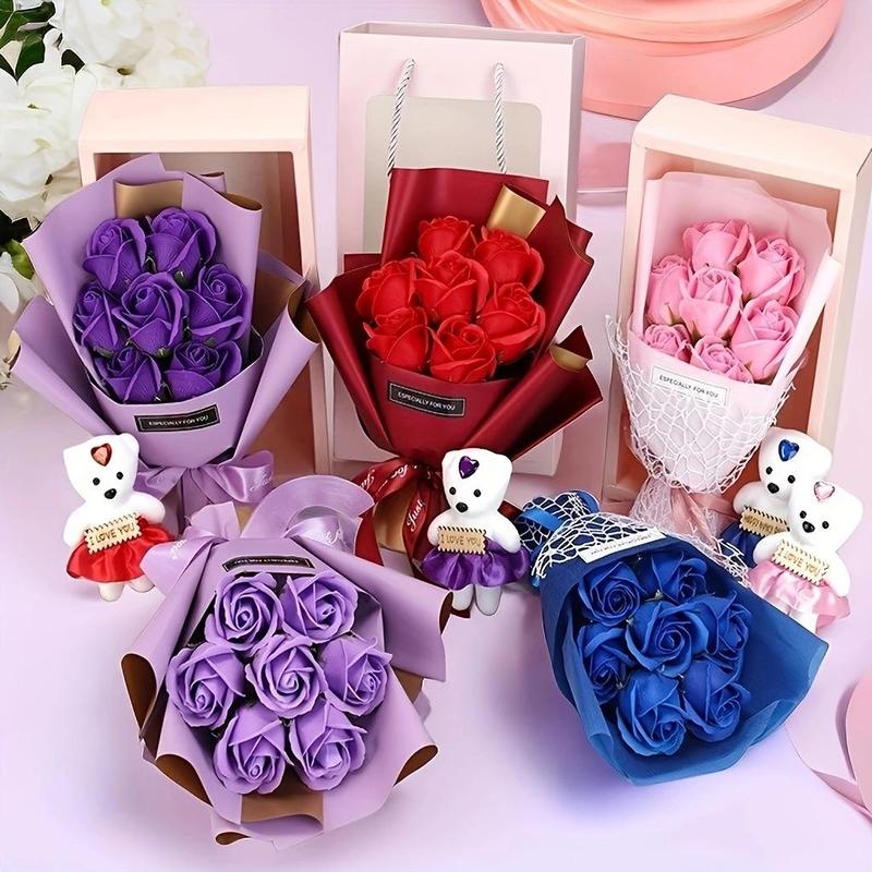 Artificial Rose Bouquet with Bear Gift Box Set, 1 Set Faux Flower Bouquet with Bear Toy and Gift Box and Gift Bag, Summer Gift for Party Gifts for Wedding Anniversary Party, Graduation Gift, Birthday Gift, Room Decor