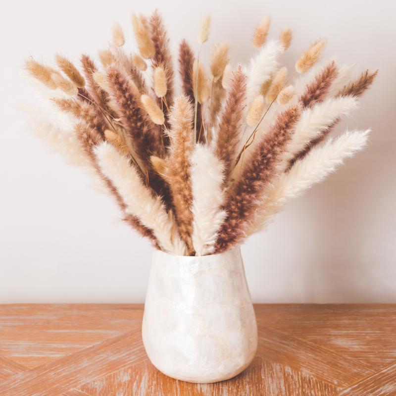 AYDI 60 Pcs Pampas Grass Decor, 15Pcs Natural Brown, 15Pcs White Pampas and 30Pcs Bunny Tails with BONUS 1 Scented Rose Buds for Dining Room, Lounge, Bedroom, Living Room, Party, Patio, Wedding Decor, Special Events Decorative Plants fruit plant Ornaments