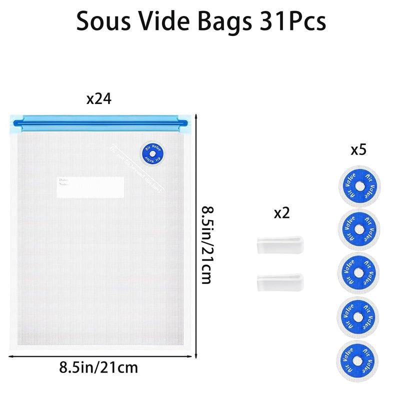 Sous Vide Bags 31pcs, (8.5*8.5 inch) 24pcs Vacuum Zipper Bags & 2pcs Sealing Clips & 5pcs Air Valve Storage Bags Organiser Compression