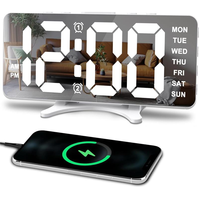 Alarm Clocks for Bedrooms, Slim LED Mirror Digital Alarm Desk Clock Large Display with Dim Mode, Dual USB Ports, 4 Level Brightness wall clock