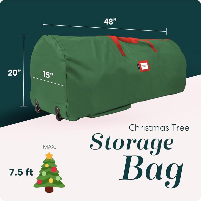 Rolling Tree Storage Bag - For 7.5-Foot Artificial Christmas Holiday Tree, Zippered Bag, Carry Handles and Wheels for Easy Transport, Protects Against Dust, , and  (Green)