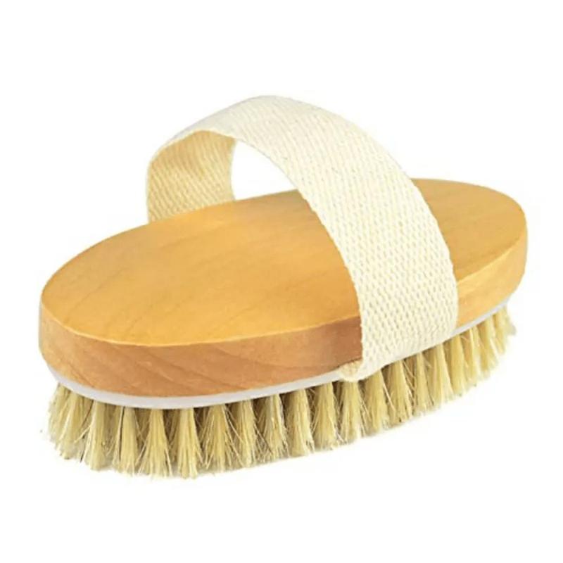 Wooden Handle Dry Body Brush, Oval Body Scrubber For Dead Skin Removal, Exfoliating, Portable Manual Body Massage Brush For Home & Travel Use