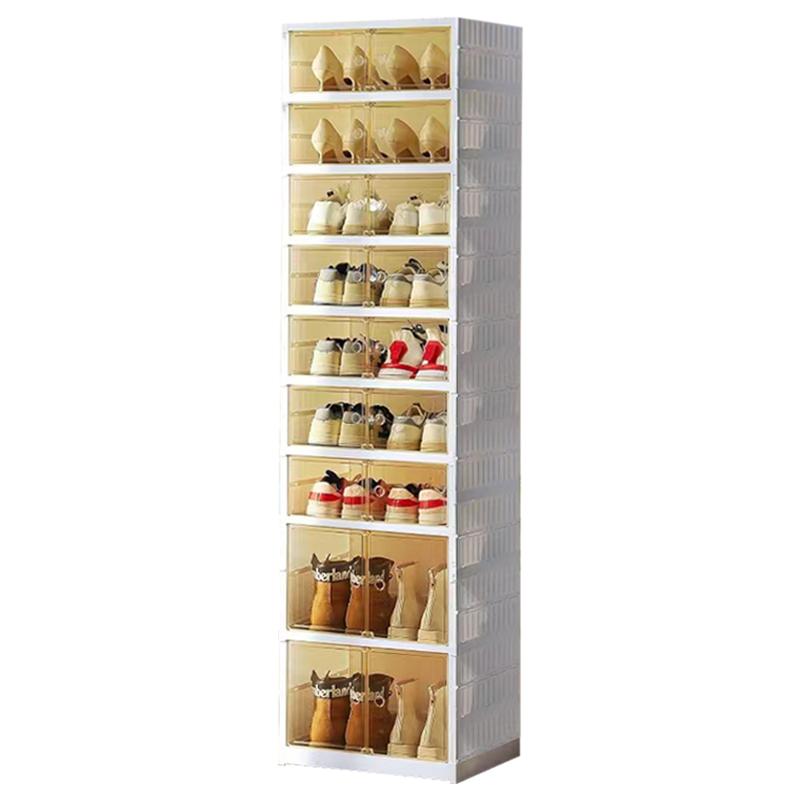 NLDD Expandable 9-Tier Shoe Rack with Clear Doors and Wheels: Collapsible Plastic Storage for 18 Pairs, Space Saving Cabinet for Bedroom Box Boxes