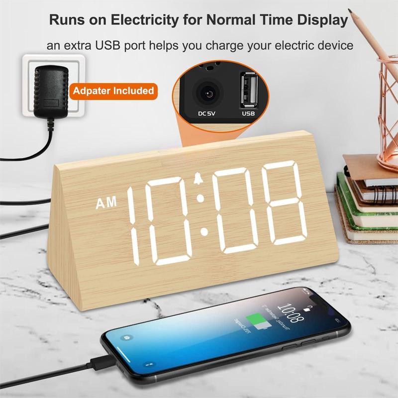 Wooden Digital Alarm Clock for Bedroom - Electric Desk Clock with Large Numbers, USB Port, Battery Backup Alarm, Adjustable Volume, Dimmer, Snooze, DST, 12 24 Hours, Wood Decor (Bamboo White)