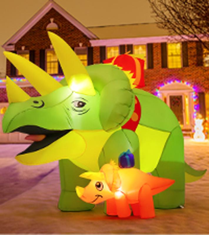 GOOSH 7.5 FT Length Christmas Inflatables Green Triceratops Dinosaur with Baby Dino Carry Gift Box, Blow Up Yard Decorations with Built-in LED Lights for Garden Lawn Outdoor Yard Xmas Winter Holiday  Ornaments