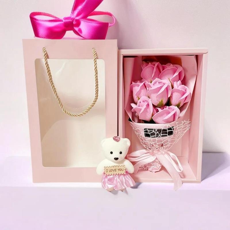 Artificial Rose Bouquet with Bear Gift Box Set, 1 Set Faux Flower Bouquet with Bear Toy and Gift Box and Gift Bag, Summer Gift for Party Gifts for Wedding Anniversary Party, Graduation Gift, Birthday Gift, Room Decor