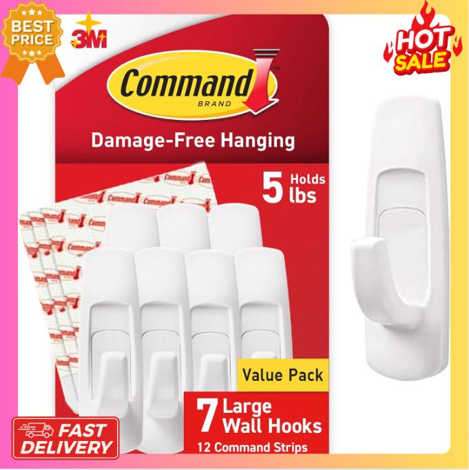 Command Large Utility Hooks, Holds up to 5 lb, 7 Hooks and 12 Command Strips, Damage Free Hanging Wall Hooks with Adhesive Strips, No Tools Adhesive Hooks for Hanging Christmas Decorations