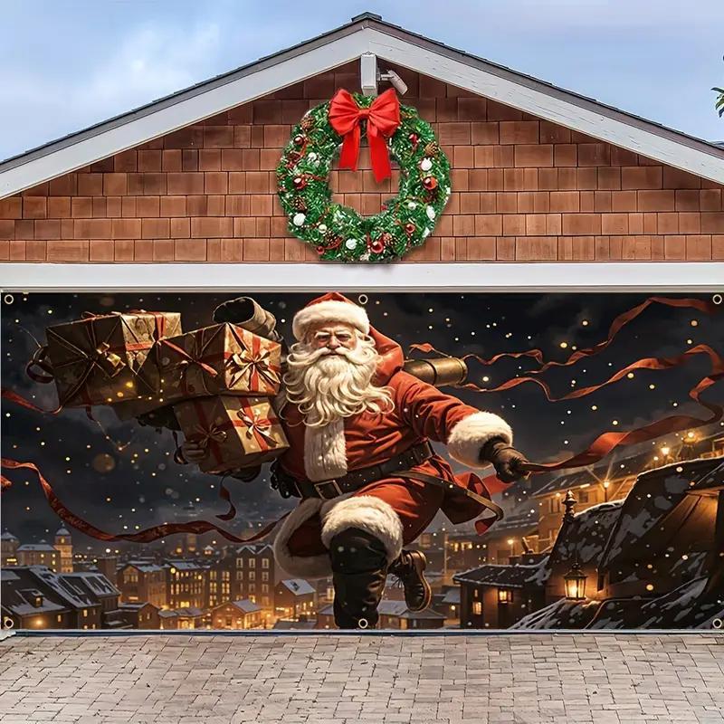 Christmas Themed Garage Door Cover, 1 Count Santa Claus Pattern Garage Door Banner, Outdoor Holiday Decoration for Home, Party, Festival