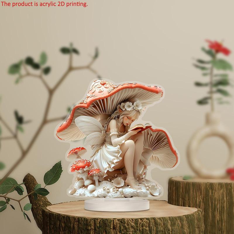 Fairy Reading Under Mushroom Design Desktop Decoration, 1 Count 2D High Definition Printing Art Plaque, Home Decor for Living Room, Bedroom, Office