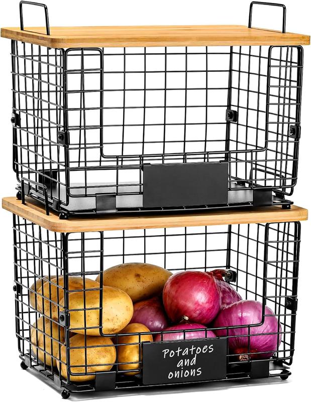 2 Set Stackable Wire Basket with Bamboo Top, Kitchen Counter, Pantry Organizer and Storage, Produce Onion Potato Fruits Vegs Bread Food Snack Spice Organizing Bin for Cabinet Shelf Countertop Floor XL