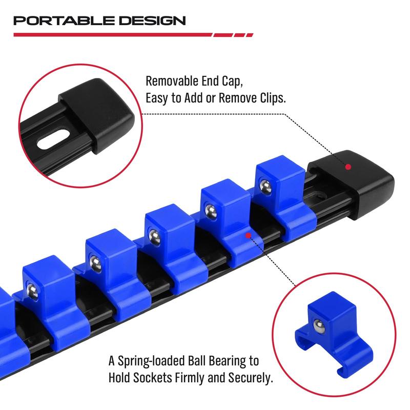 Socket Organizer Set 9-piece, 1 4-Inch x 48 Clips, 3 8-Inch x 45 Clips, 1 2-Inch x 36 Clips, Socket Rail Heavy Duty Holder with Socket Labels, Socket Organizer for Tool Box Drawer Blue