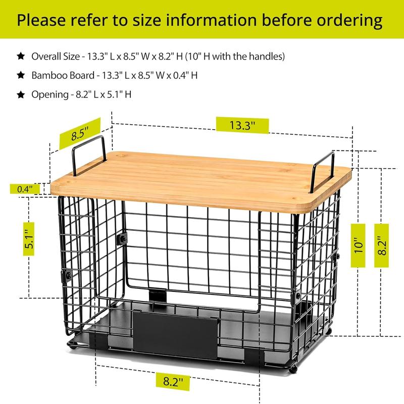 2 Set Stackable Wire Basket with Bamboo Top, Kitchen Counter, Pantry Organizer and Storage, Produce Onion Potato Fruits Vegs Bread Food Snack Spice Organizing Bin for Cabinet Shelf Countertop Floor XL