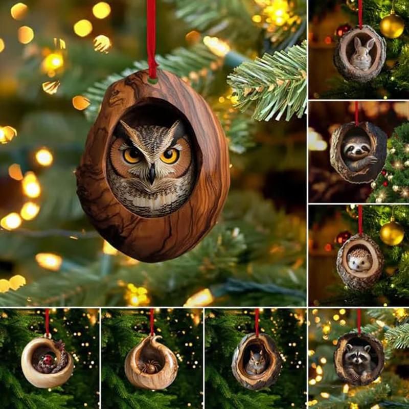 Christmas Themed Animal Pattern Acrylic Ornament, 1 Count Cute Tree Hole Design Hanging Decoration, Seasonal Pendant for Christmas Tree Ceiling Home