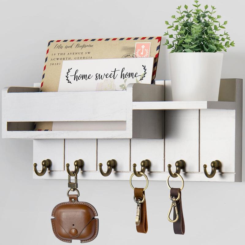 Wall Mounted Key Holder, 1 Count Wooden Wall Shelf with 6 Key Hooks, Mail Sorter, Home Organizer for Living Room Entrance