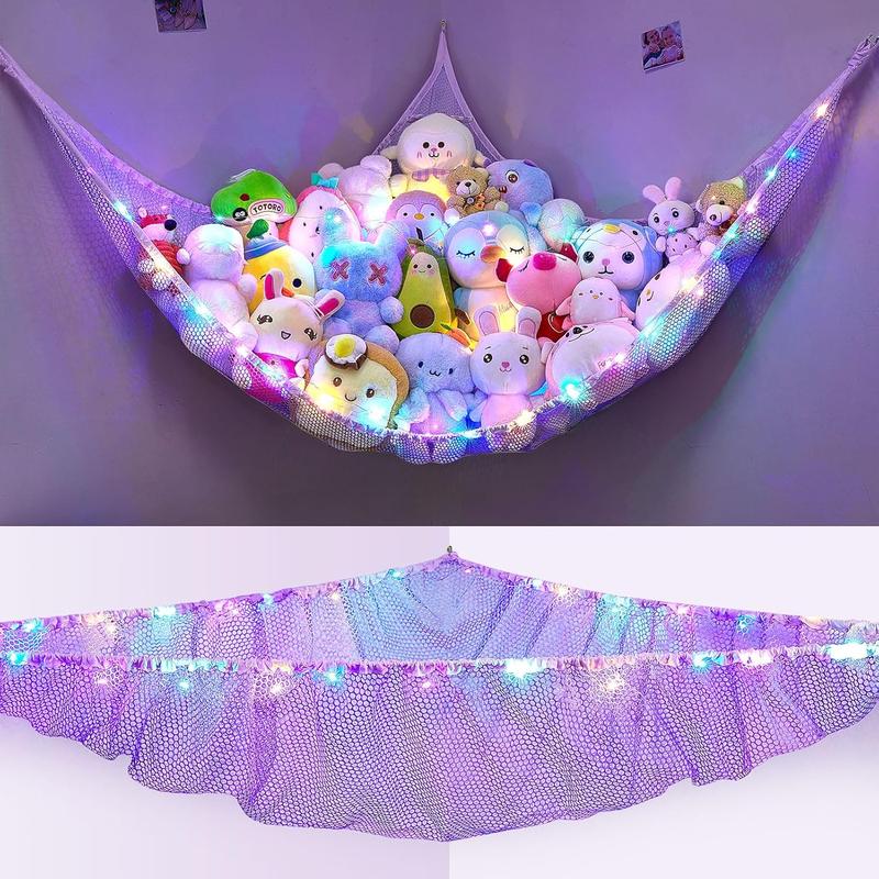 Stuffed Animals Net or Hammock   Storage Organizer with LED Light  Hanging Corner Stuffed Animals Holder  Girls Room Decor (Pack of 1)