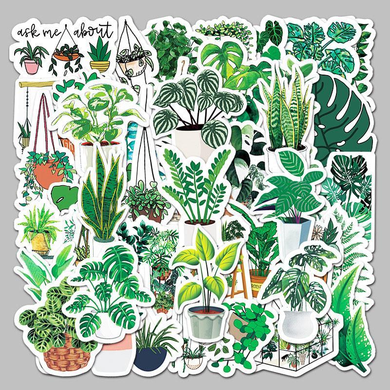 Green Plant Series Graffiti Sticker, 50pcs set Waterproof Decorative Sticker, DIY Creative Decal for Phone Case, Laptop, Notebook, Helmet, Skateboard