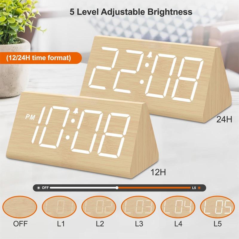 Wooden Digital Alarm Clock for Bedroom - Electric Desk Clock with Large Numbers, USB Port, Battery Backup Alarm, Adjustable Volume, Dimmer, Snooze, DST, 12 24 Hours, Wood Decor (Bamboo White)