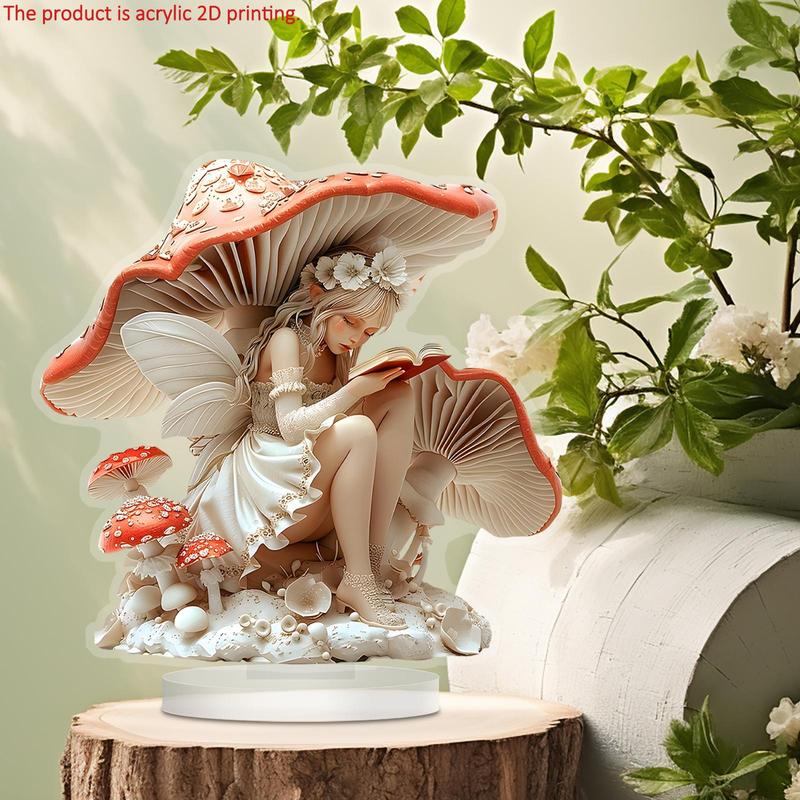 Fairy Reading Under Mushroom Design Desktop Decoration, 1 Count 2D High Definition Printing Art Plaque, Home Decor for Living Room, Bedroom, Office