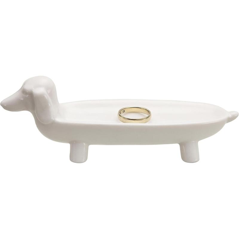 Dachshund Elongated White Ceramic Dog Dish Jewelry Organizers Display