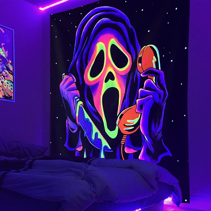 Blacklight Horror Face Tapestry, UV Reactive Tapestries Wall Hanging, Glow in The Dark Party Backdrop Tapestry for Bedroom, Living Room