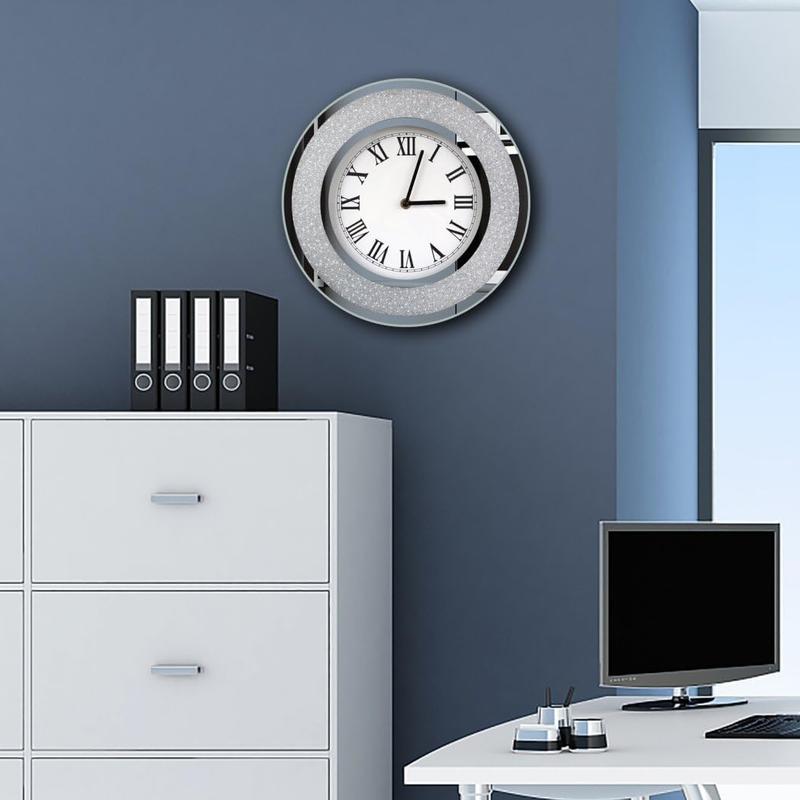 Silver Round Mirror Clock 12 inch. Glam Sparkle Twinkle Shining Mirrored Wall Clock for Wall Decoration