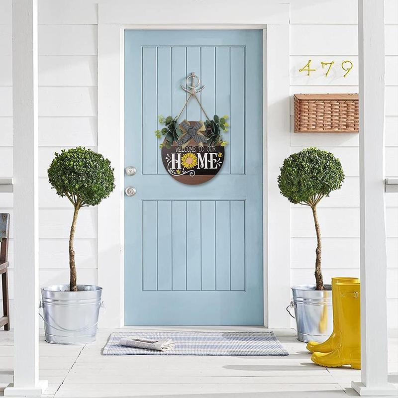 Round Wooden Sign, 1 Count Welcome to Our Home Wooden Front Door Sign, Letter & Sunflower Pattern Wall Hanger, Rustic Round Wreath Wall Decor, Spring Farmhouse Decoration