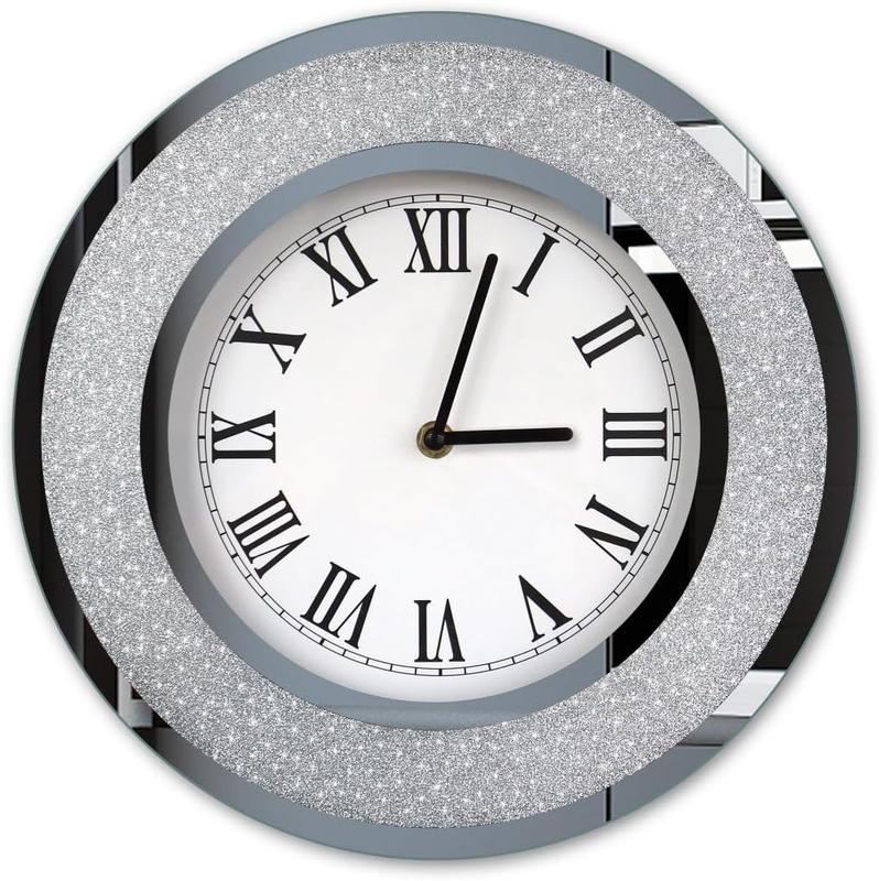 Silver Round Mirror Clock 12 inch. Glam Sparkle Twinkle Shining Mirrored Wall Clock for Wall Decoration