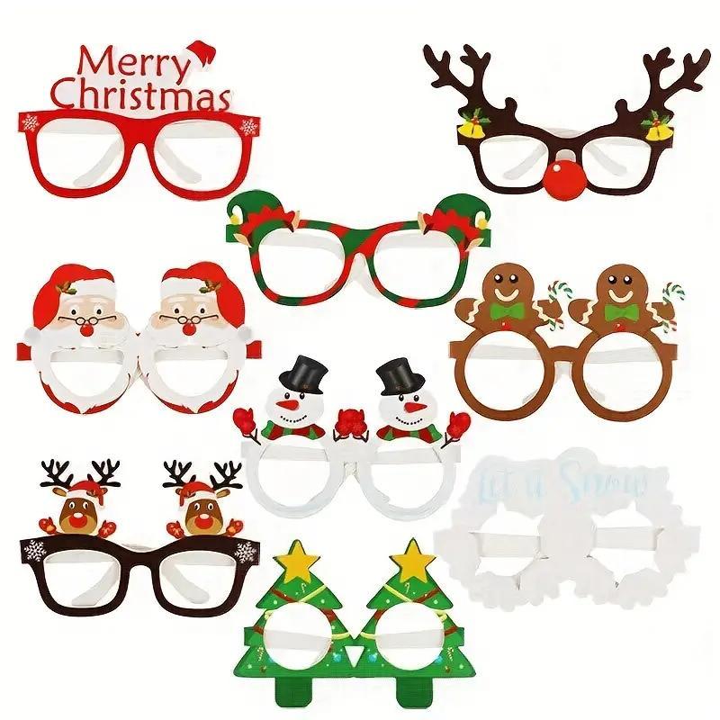 Christmas Themed Photo Props, 9 Counts set Santa Claus Christmas Tree Elk Paper Glasses Photo Frame, Photo Props for Home Party Festival