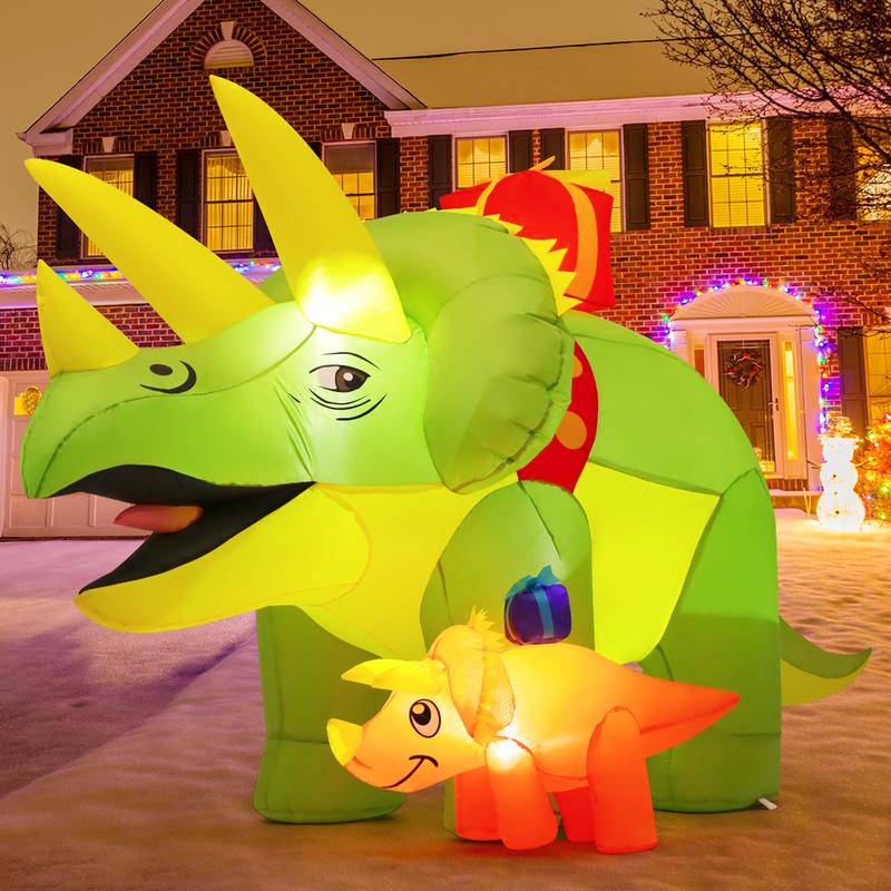 GOOSH 7.5 FT Length Christmas Inflatables Green Triceratops Dinosaur with Baby Dino Carry Gift Box, Blow Up Yard Decorations with Built-in LED Lights for Garden Lawn Outdoor Yard Xmas Winter Holiday  Ornaments