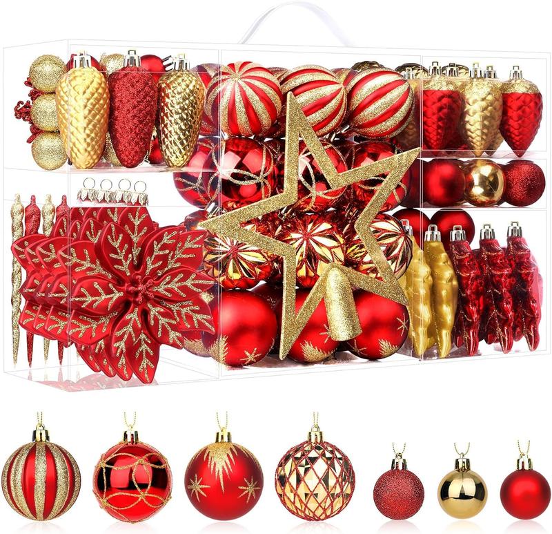 2024 106PCS Christmas Balls Ornaments Set, featuring colorful shatterproof plastic decorative baubles to enhance your festive atmosphere. Perfect for Christmas tree decor, holiday, wedding, and party decorations, with hanging hooks included.