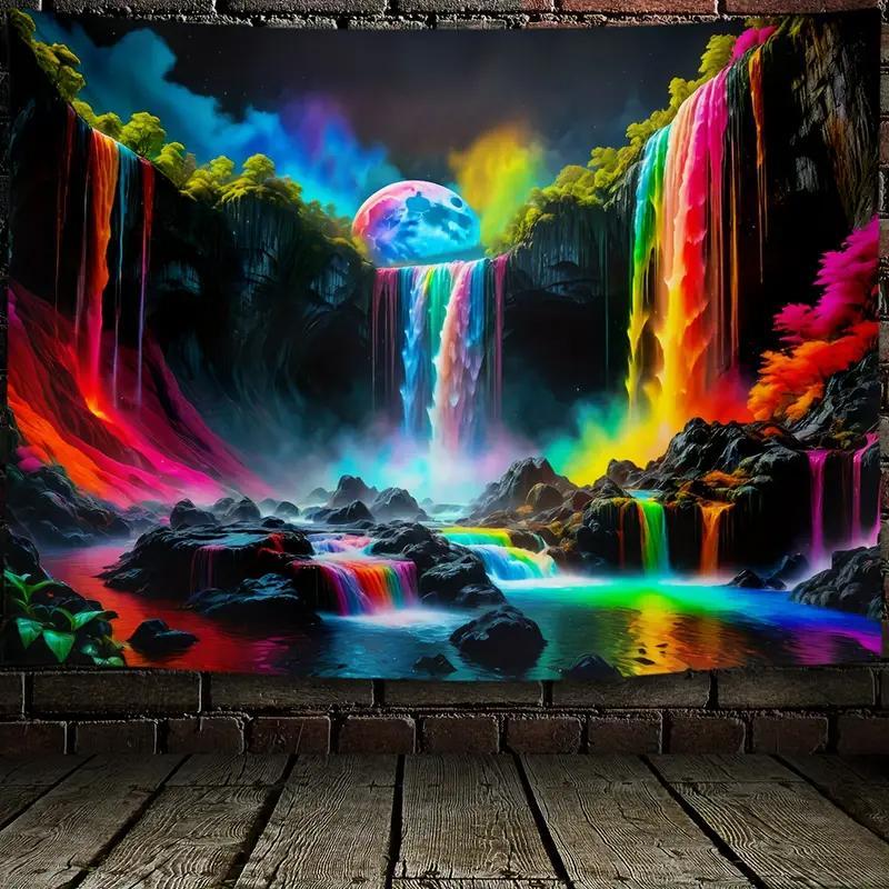 Waterfall & Mushroom Pattern Tapestry, 1 Count Luminous Design Tapestry, Wall Hanging for Home Living Room Bedroom Dormitory Decor