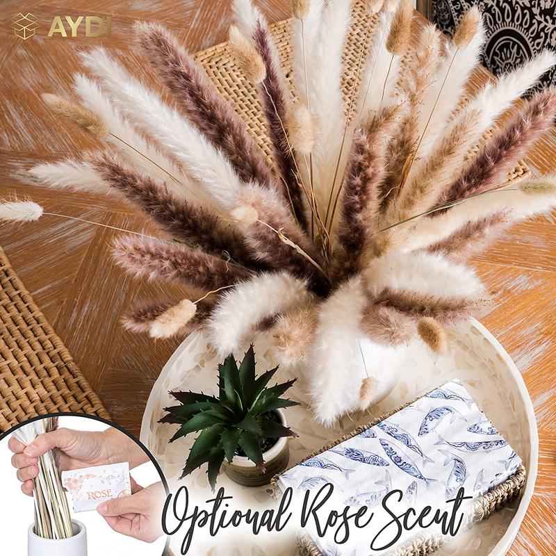 AYDI 60 Pcs Pampas Grass Decor, 15Pcs Natural Brown, 15Pcs White Pampas and 30Pcs Bunny Tails with BONUS 1 Scented Rose Buds for Dining Room, Lounge, Bedroom, Living Room, Party, Patio, Wedding Decor, Special Events Decorative Plants fruit plant Ornaments