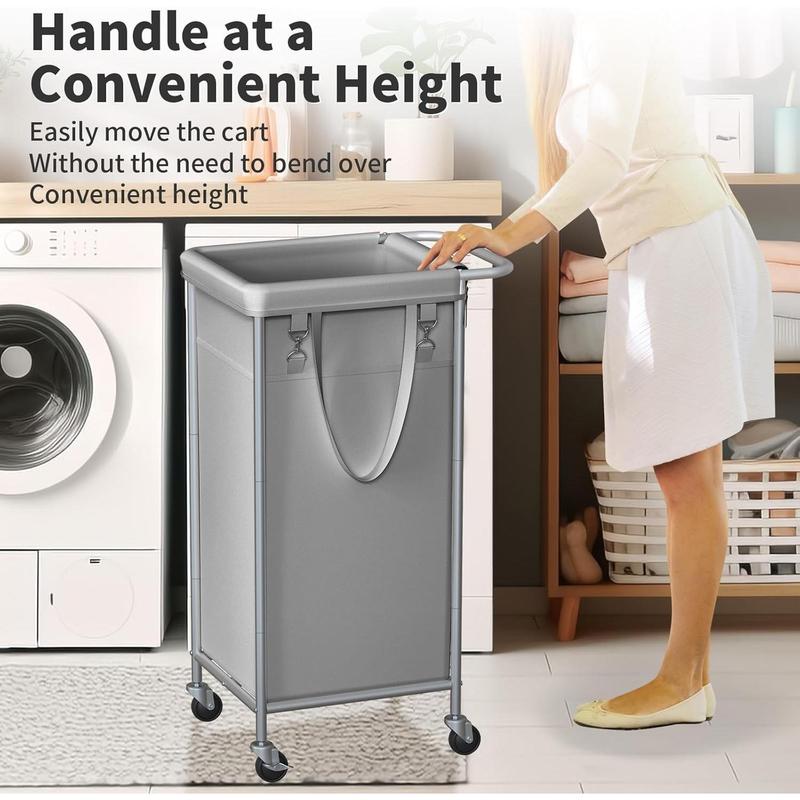 Laundry Basket with Wheels, Rolling Laundry Hamper, 29 Gallons (110L), Removable Liner and Steel Frame - Steel Frame with Handle -  Grey, 19.6 x 15.5 x 32.6 Inches