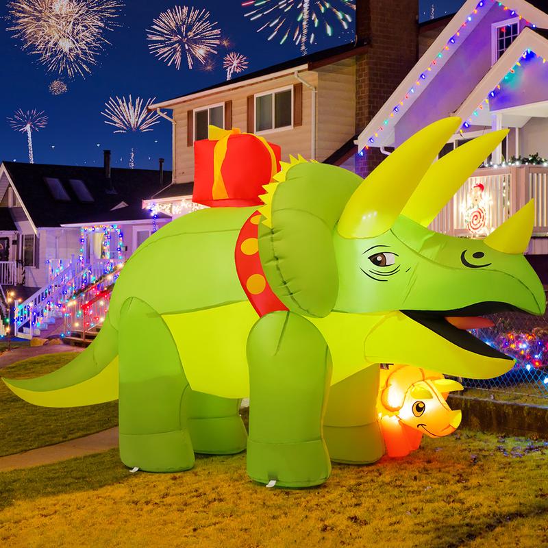 GOOSH 7.5 FT Length Christmas Inflatables Green Triceratops Dinosaur with Baby Dino Carry Gift Box, Blow Up Yard Decorations with Built-in LED Lights for Garden Lawn Outdoor Yard Xmas Winter Holiday  Ornaments