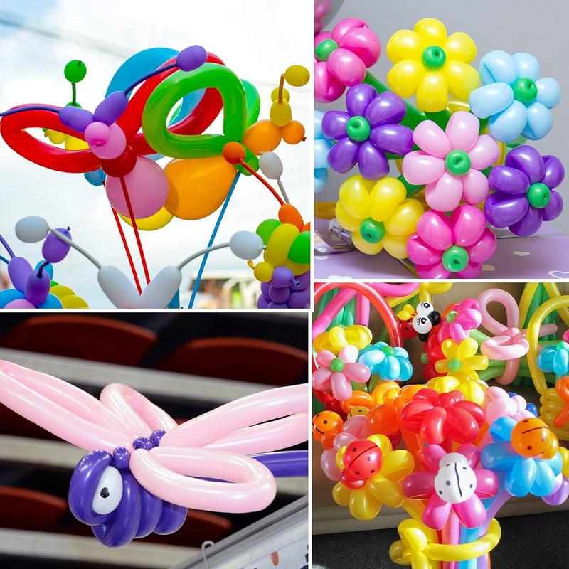 Random Color Balloon Set, Including 100pcs Long Balloon & 192pcs Animal Eye Pattern Sticker & 1 Count Random Color Hand Pump, Twisting Balloon for DIY Balloon Modelling, Party Decor Supplies