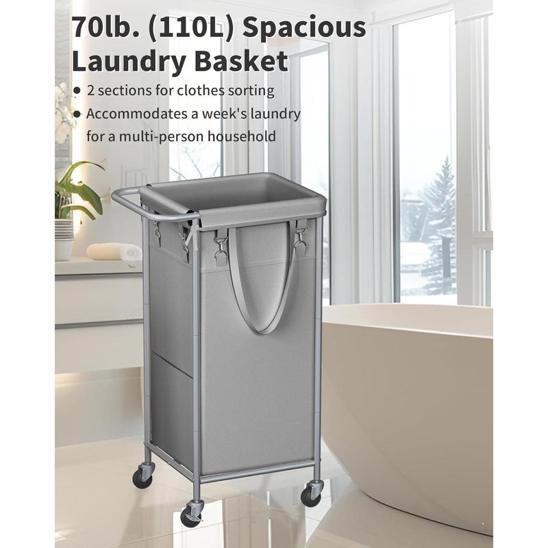 Laundry Basket with Wheels, Rolling Laundry Hamper, 29 Gallons (110L), Removable Liner and Steel Frame - Steel Frame with Handle -  Grey, 19.6 x 15.5 x 32.6 Inches