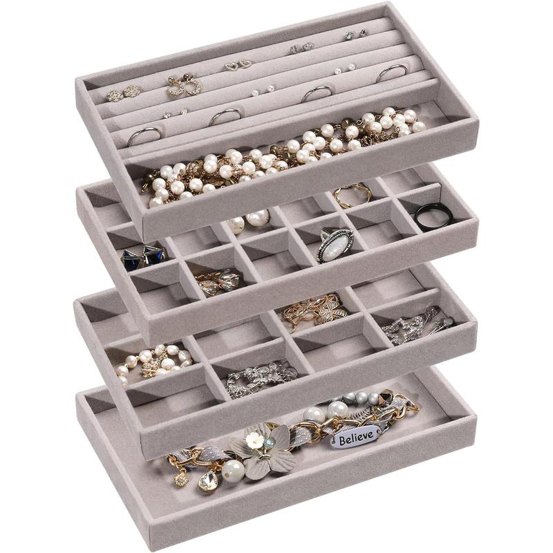 Jewelry Organizer tray, stackable velvet jewelry trays, drawer inserts earring organizer for women girls jewelry storage display case for rings stud necklaces, set of 4(Grey) Marla Aaron stickers jewellery box Compartment Gift