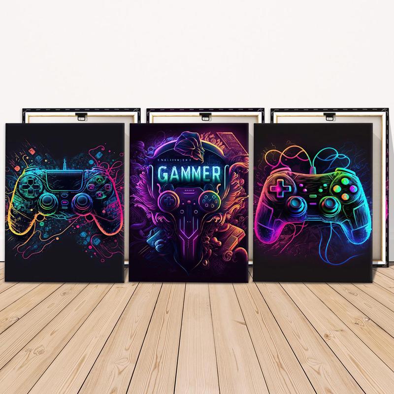 Game Console Neon Pattern Canvas Painting with Frame, 3 Counts set Creative Wall Art Poster, Wall Art Decor for Home Living Room Bedroom Office