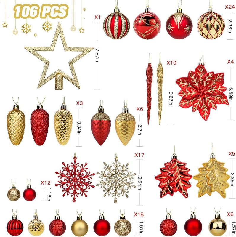 2024 106PCS Christmas Balls Ornaments Set, featuring colorful shatterproof plastic decorative baubles to enhance your festive atmosphere. Perfect for Christmas tree decor, holiday, wedding, and party decorations, with hanging hooks included.