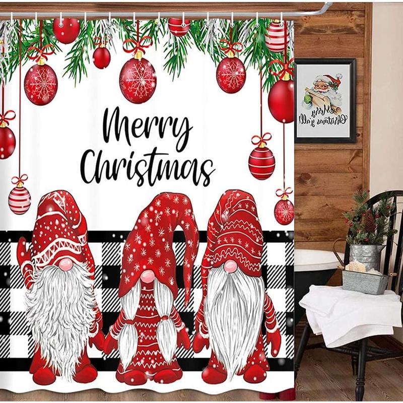 Christmas Shower Curtain, Winter Farmhouse Cute Gnome Fabric Shower Curtain Set with Hooks, Red Xmas Ball with Snowflake on Black and White Buffalo Check Plaid Cloth Bathroom Accessories Decor,71X71in