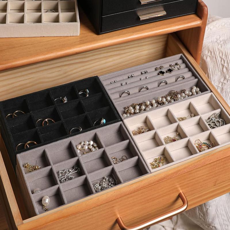 Jewelry Organizer tray, stackable velvet jewelry trays, drawer inserts earring organizer for women girls jewelry storage display case for rings stud necklaces, set of 4(Grey) Marla Aaron stickers jewellery box Compartment Gift