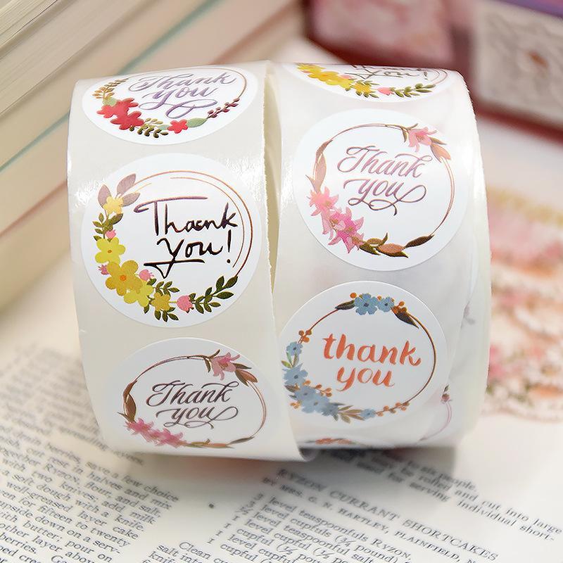 Floral & Letter Pattern Thank You Sticker (500pcs roll), Waterproof Self Adhesive Decorative Sticker, DIY Decals for Gift Greeting Card Water Bottle