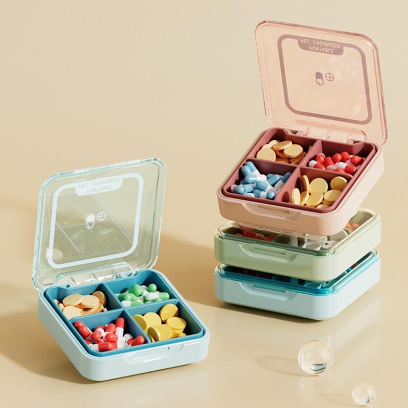 Mini Square Pill Storage Box with Clear Lid, 1 Count Portable 4-grid Dustproof Medicine Pill Container, Mini Medicine Box, Pill Organizer for Home and Travel, Travel Essentials, Room Organizer