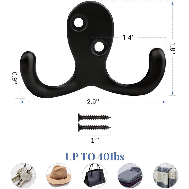 14 Pack Coat Hooks, Heavy Duty Double Prong Coat Hooks Wall Mounted with 28 Screws, No Rust Black Coat Hooks Hardware for Hanging Coat, Scarf, Bag, Towel, Hat, Key, Cup