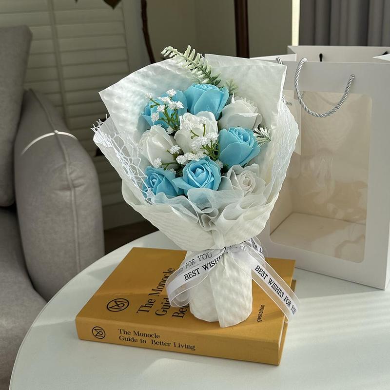 Artificial Rose  Flowers  Bouquet with Gift Bag, 1 Count Romantic Faux Rose Flower Bouquet, Decorative Flower Bouquet for Home Party Wedding Anniversary Festival