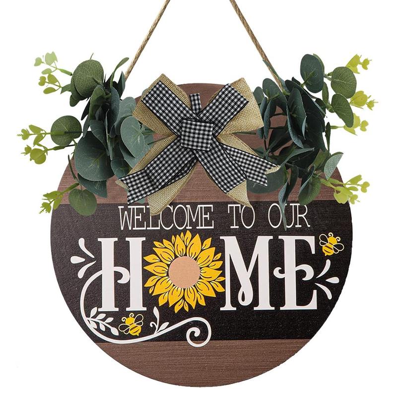 Round Wooden Sign, 1 Count Welcome to Our Home Wooden Front Door Sign, Letter & Sunflower Pattern Wall Hanger, Rustic Round Wreath Wall Decor, Spring Farmhouse Decoration