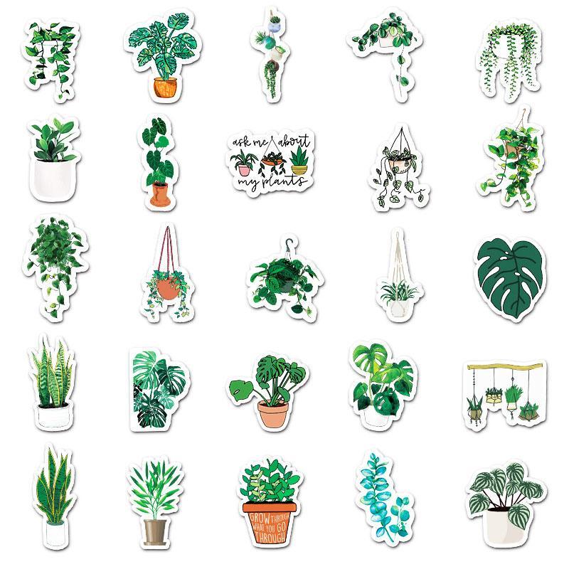 Green Plant Series Graffiti Sticker, 50pcs set Waterproof Decorative Sticker, DIY Creative Decal for Phone Case, Laptop, Notebook, Helmet, Skateboard