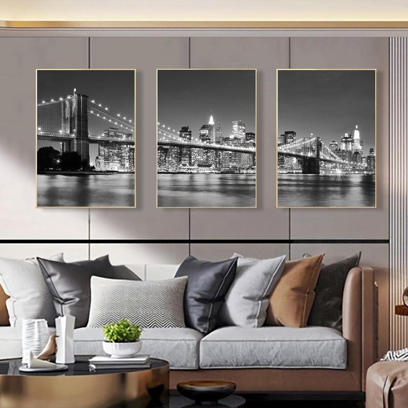 City Night Bridge Pattern Canvas Poster without Frame, 3 Counts set Architecture Themed Wall Art, Wall Decor for Home Living Room Bedroom Office